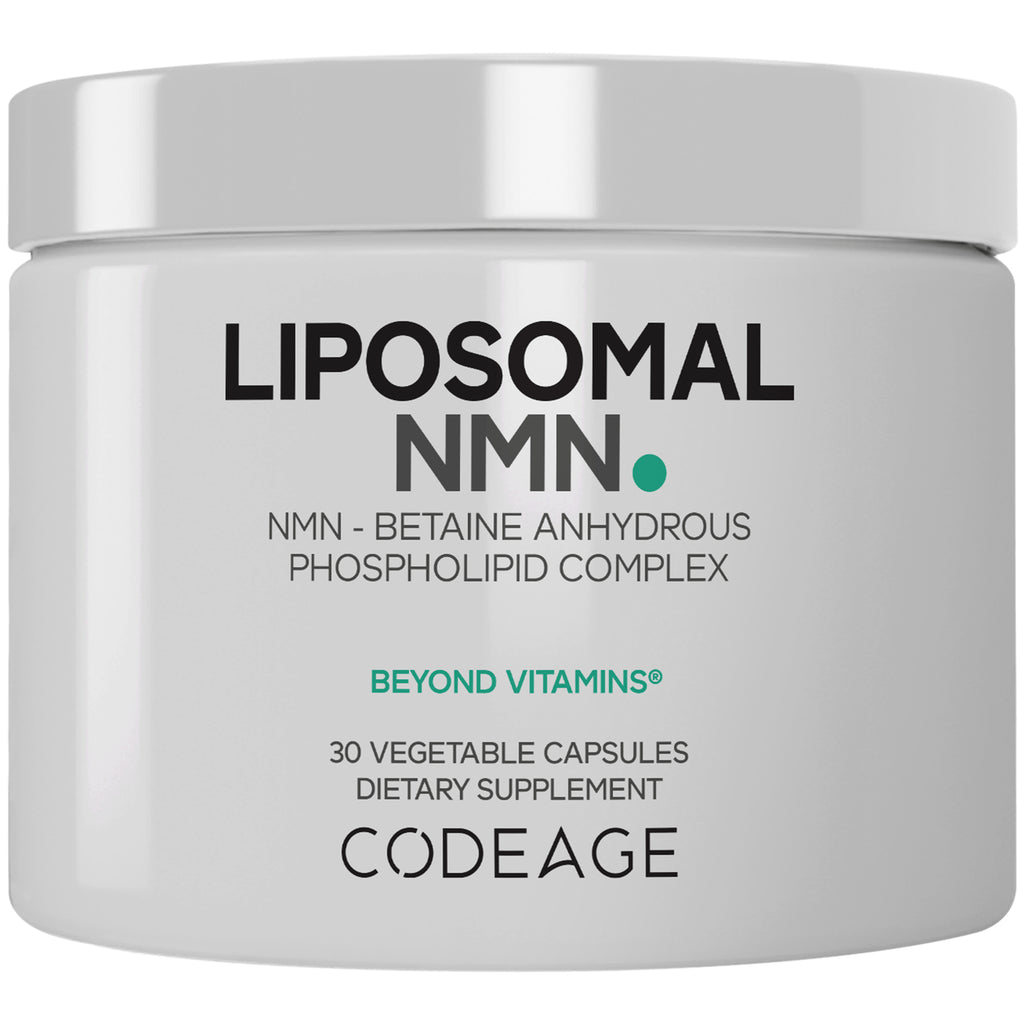 CDG039 | White jar labeled LIPOSOMAL NMN BETA-NICOTINAMIDE MONONUCLEOTIDE dietary supplement 30 capsules, Codeage logo - Thumbnail