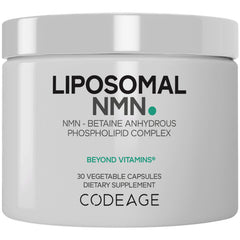 CDG039 | White jar labeled LIPOSOMAL NMN BETA-NICOTINAMIDE MONONUCLEOTIDE dietary supplement 30 capsules, Codeage logo