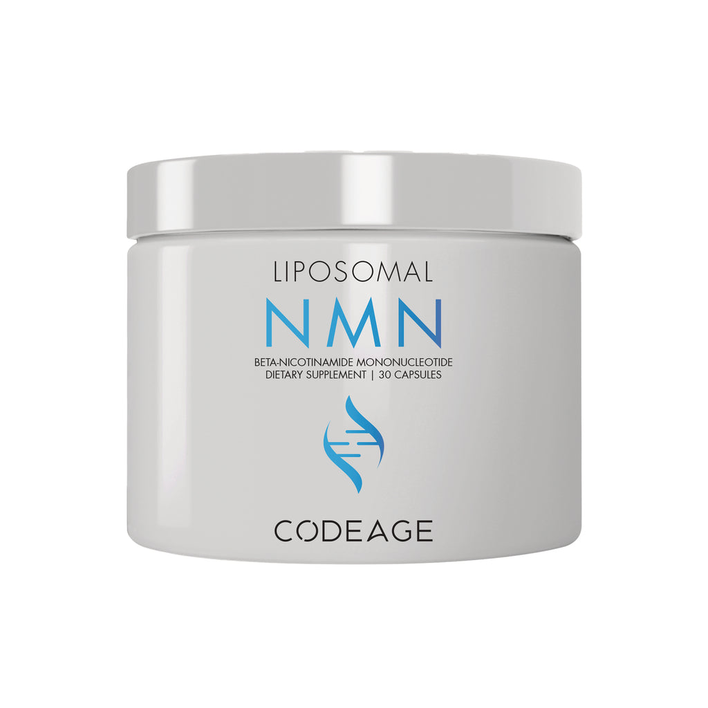 CDG039 | White jar labeled LIPOSOMAL NMN BETA-NICOTINAMIDE MONONUCLEOTIDE dietary supplement 30 capsules, Codeage logo - Thumbnail
