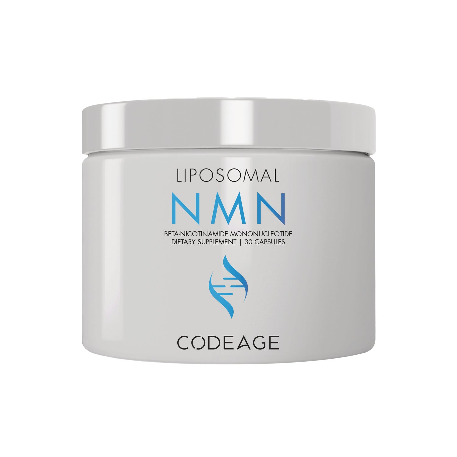 CDG039 | White jar labeled LIPOSOMAL NMN BETA-NICOTINAMIDE MONONUCLEOTIDE dietary supplement 30 capsules, Codeage logo