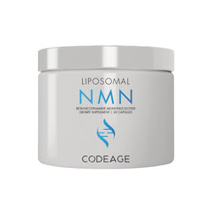 CDG039 | White jar labeled LIPOSOMAL NMN BETA-NICOTINAMIDE MONONUCLEOTIDE dietary supplement 30 capsules, Codeage logo