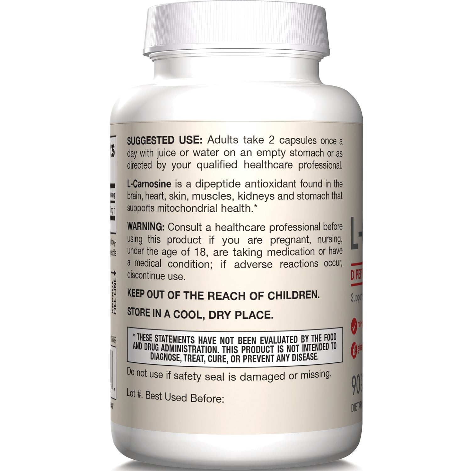 JR088 | Back label of supplement bottle showing suggested use, warning, storage instructions and FDA disclaimer