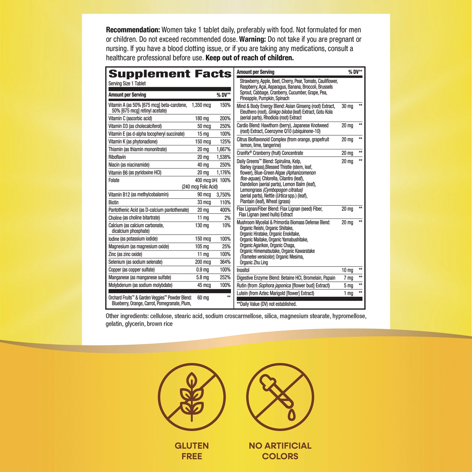 NW1064 | back label with Supplement Facts panel and icons reading Gluten Free and No Artificial Colors