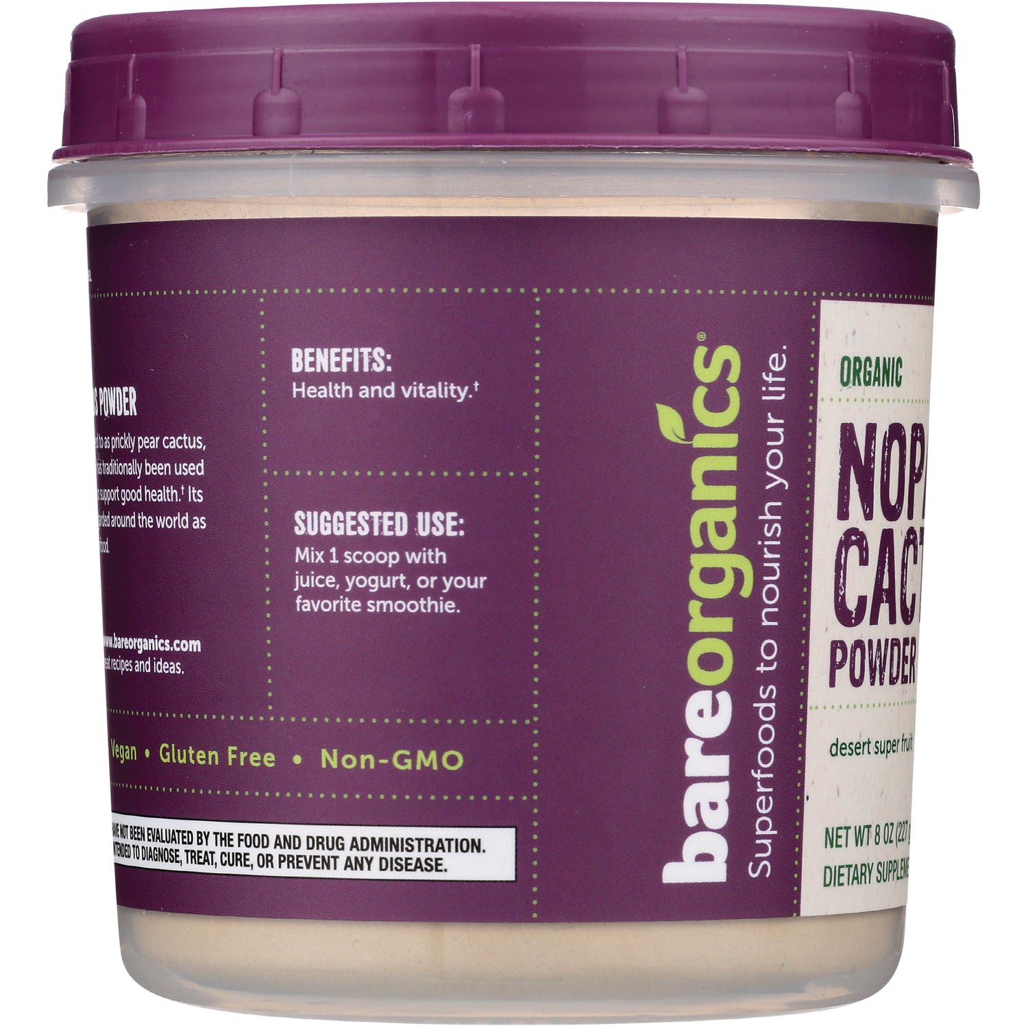 BOR062 | Purple product label showing benefits and suggested use for nopale cactus powder with bareorganics logo
