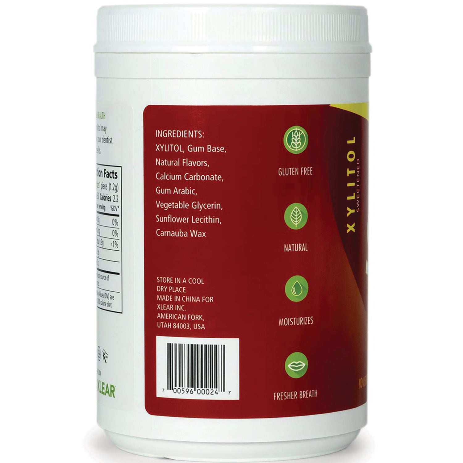 XL036 | Back label with ingredients: xylitol, gum base, natural flavors; icons: gluten free, natural, moisturizes