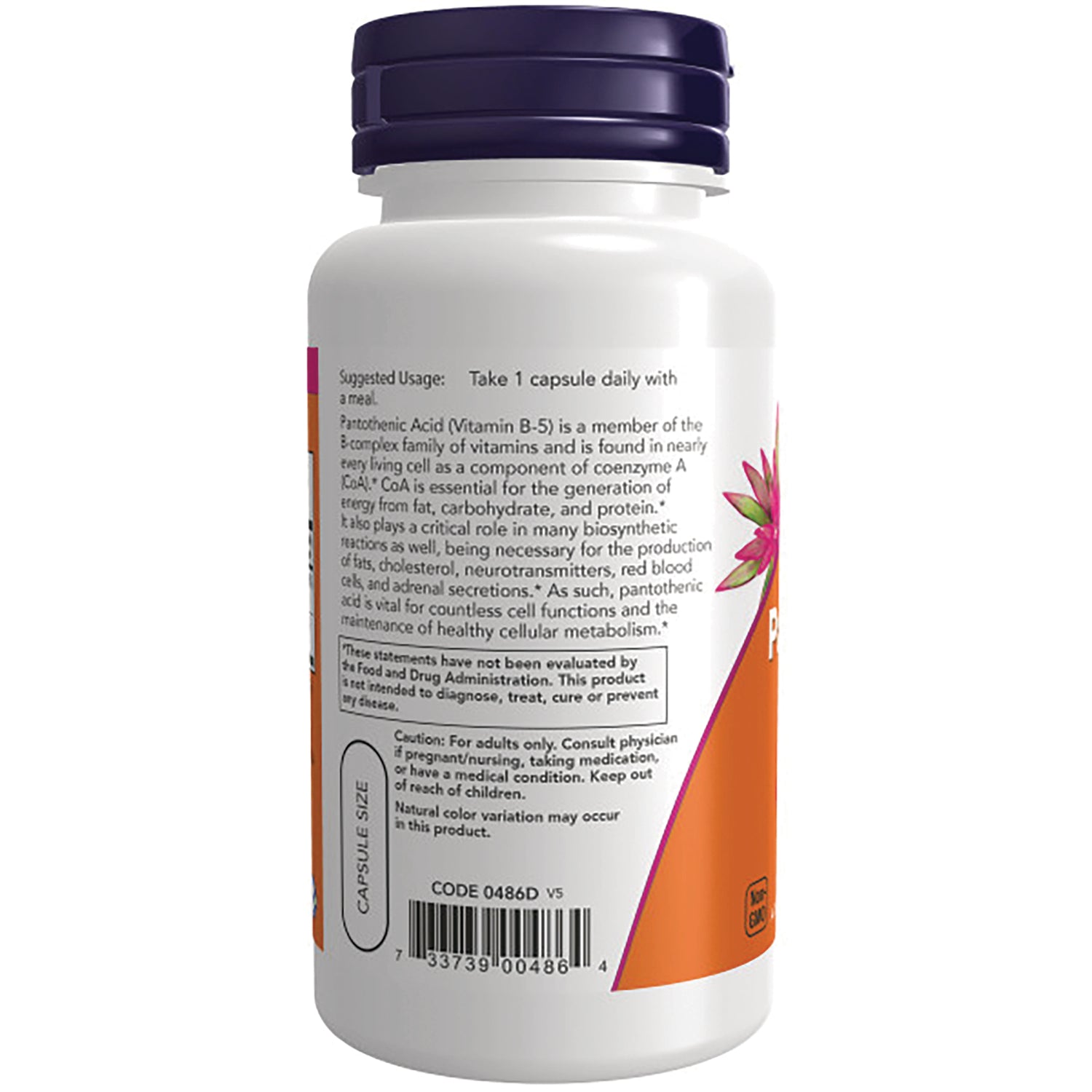 NWF340 | Back of white supplement bottle showing ingredients and usage text, barcode and purple cap