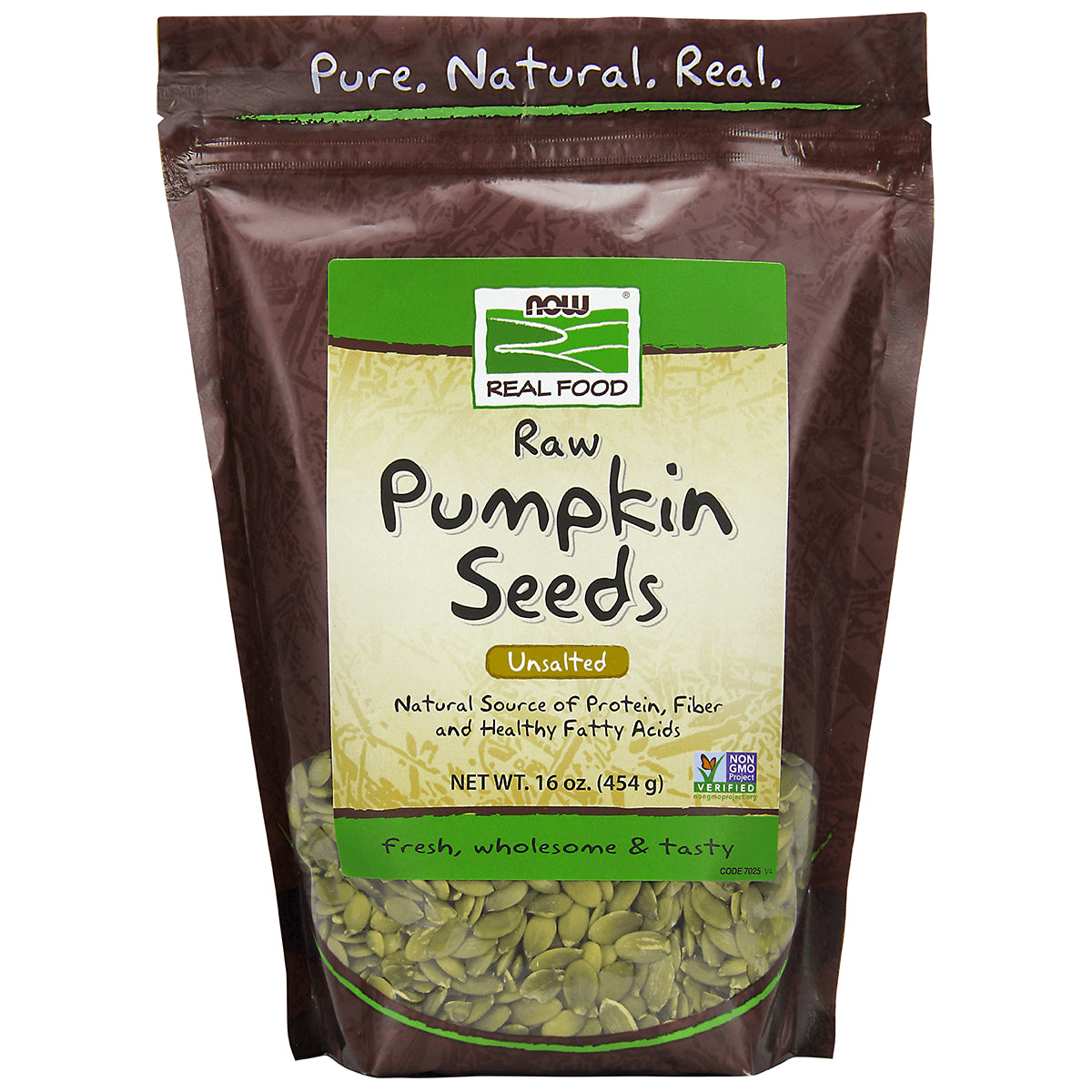 NWF1110 | NOW Real Food Raw Pumpkin Seeds unsalted 16 oz front pouch