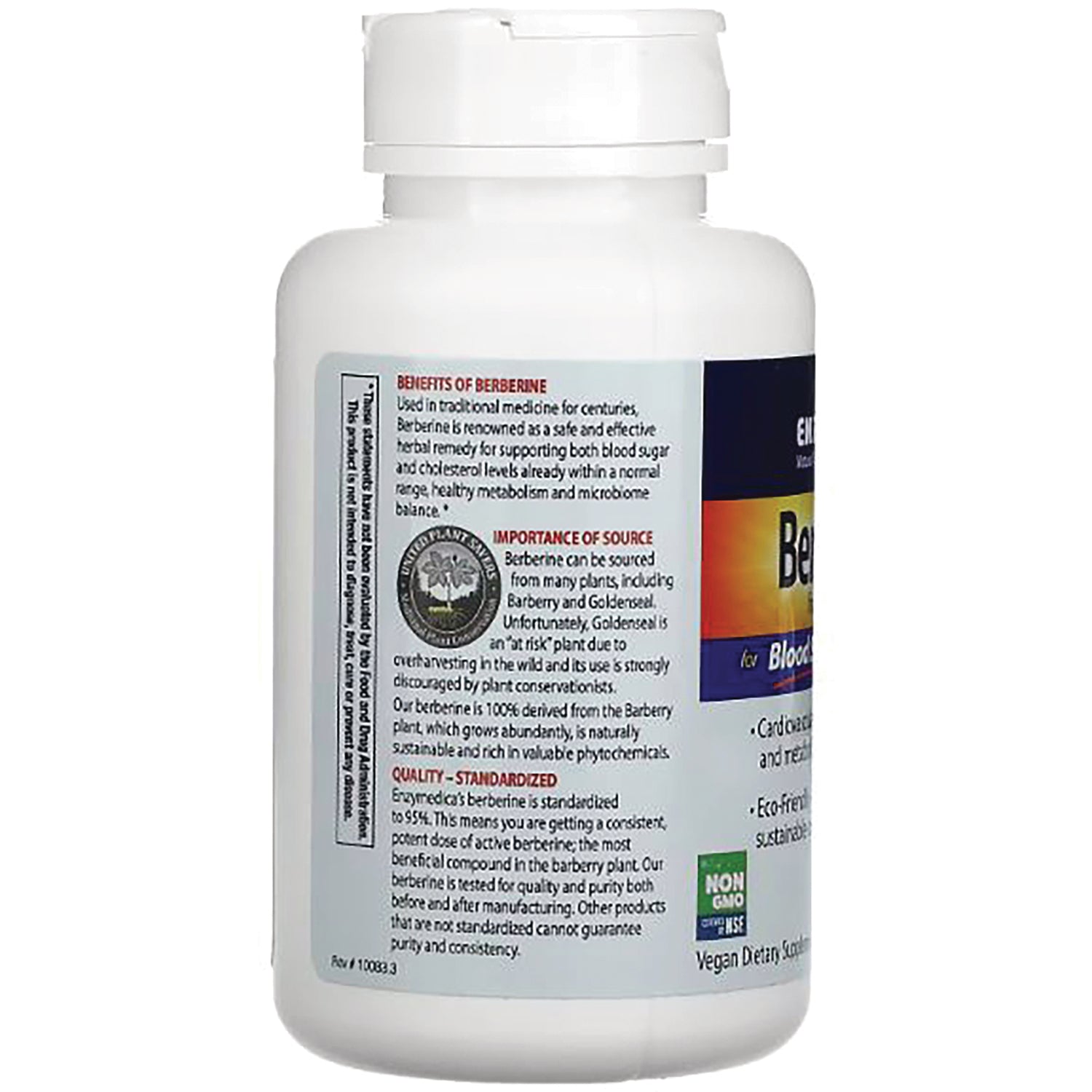 EMD063 | Back of white supplement bottle showing label with Benefits of Berberine heading and product information