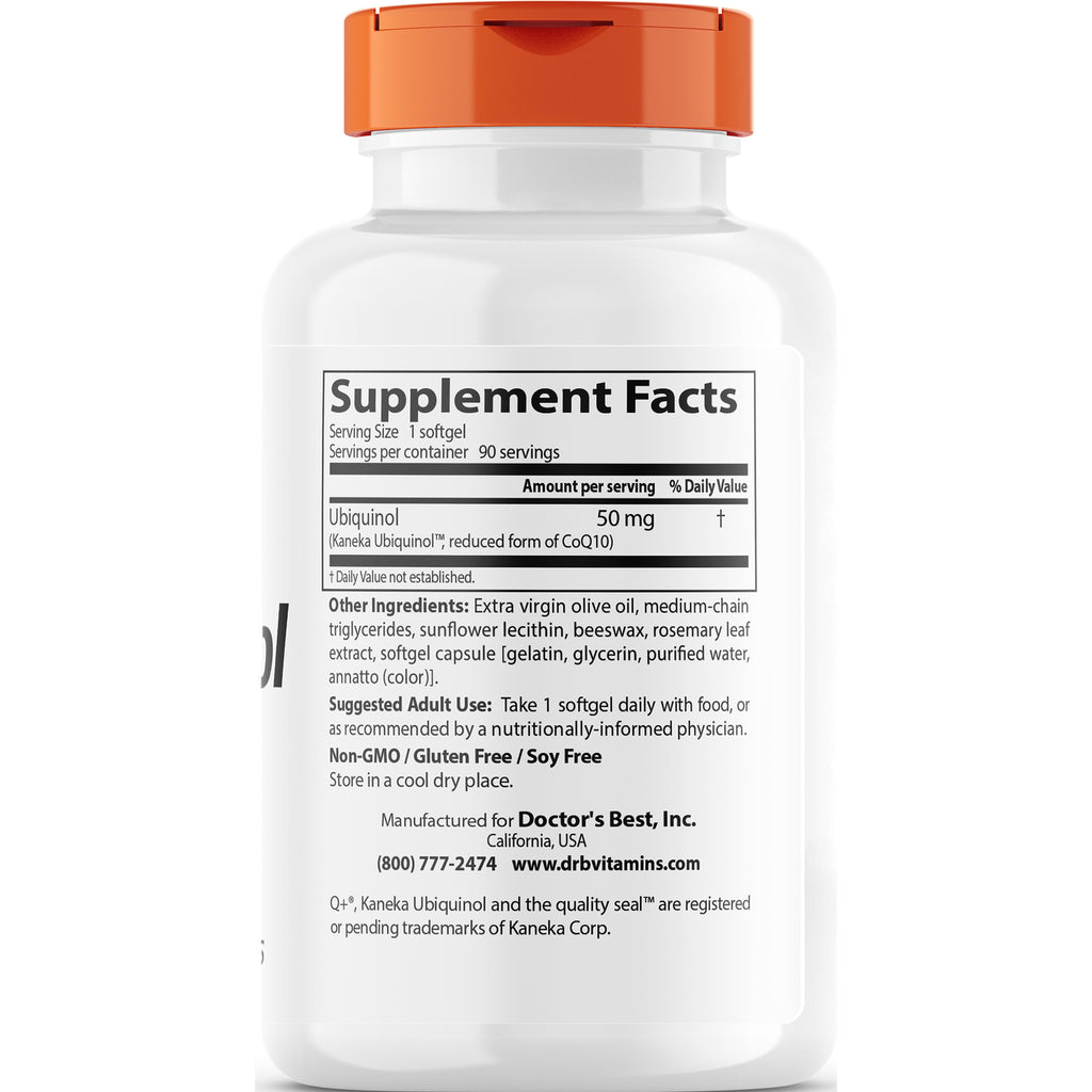 DB100 | back of white supplement bottle showing Supplement Facts label and Ubiquinol 50 mg serving info - Thumbnail