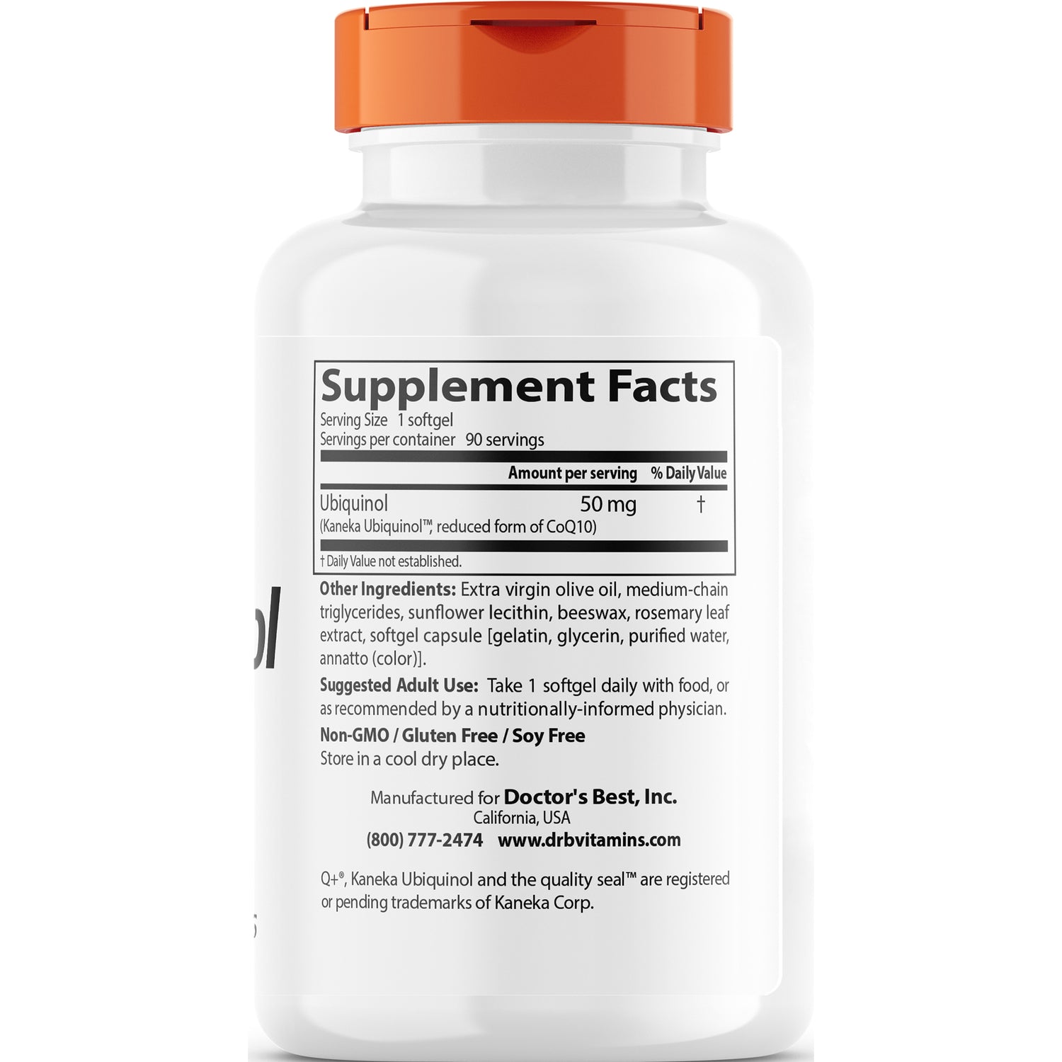 DB100 | back of white supplement bottle showing Supplement Facts label and Ubiquinol 50 mg serving info