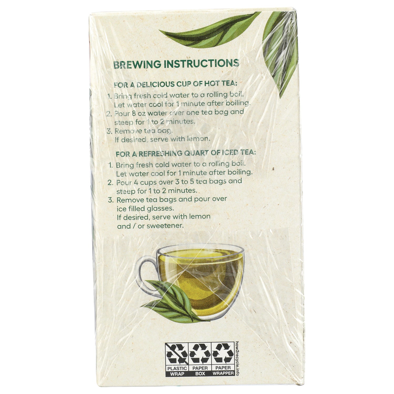 NWM023 | back of plastic-wrapped tea box with brewing instructions and cup illustration