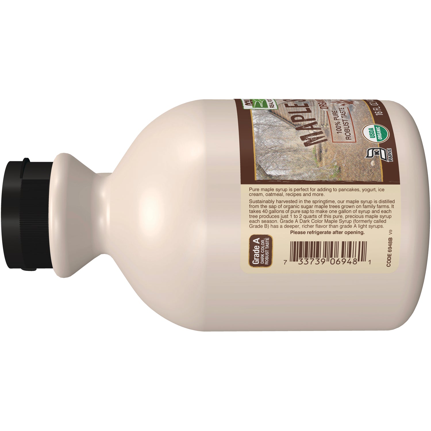 NWF081 | back label of maple syrup bottle showing barcode, ingredient text and refrigerate after opening