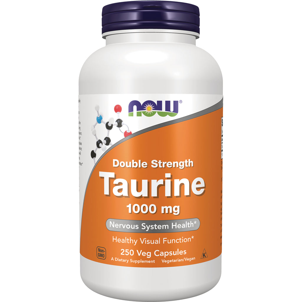 NWF1107 | NOW Double Strength Taurine 1000 mg supplement bottle, 250 veg capsules, orange label - Thumbnail