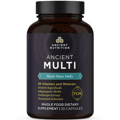 Dark brown bottle front labeled ANCIENT MULTI Men's Once Daily whole food dietary supplement 30 capsules