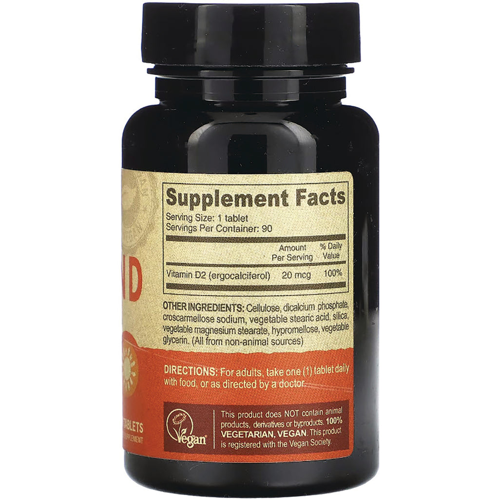 DEV006 | Back of dark supplement bottle showing Supplement Facts label listing Vitamin D2 20 mcg, directions and vegan logo - Thumbnail