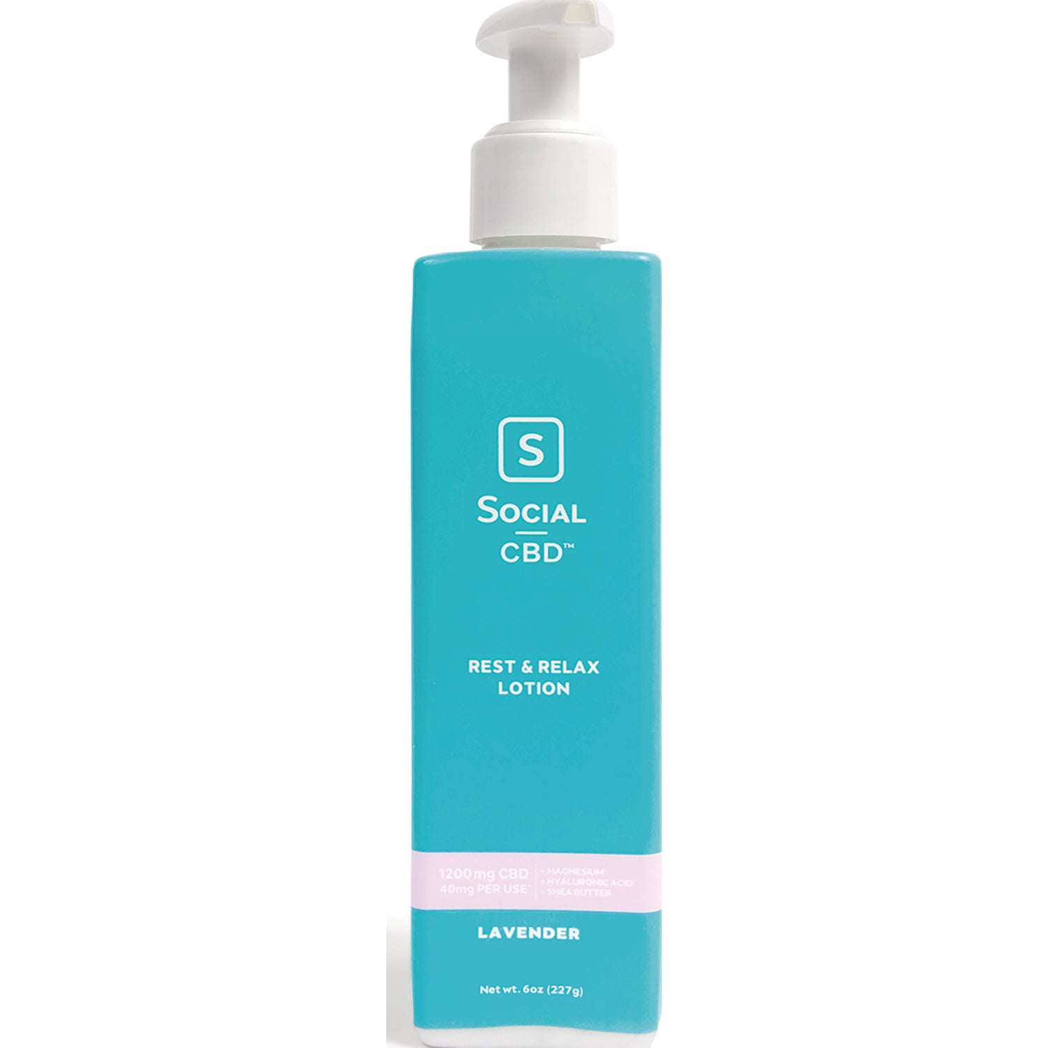SCB003 | Turquoise pump bottle labeled Social CBD Rest & Relax Lotion Lavender 1200mg CBD
