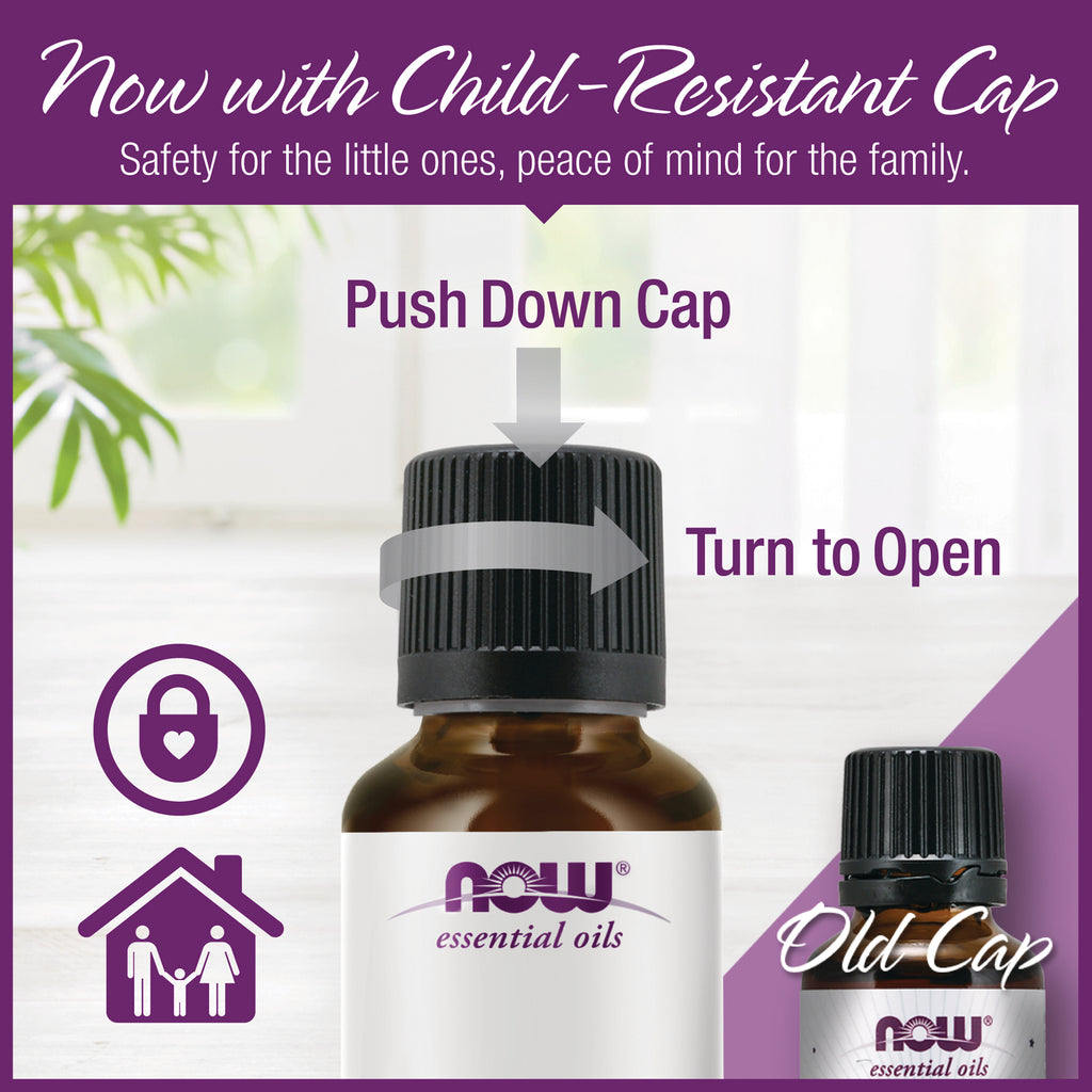 NWF1162 | Product infographic of child-resistant push-down, turn-to-open cap on NOW essential oils bottle with small old cap shown - Thumbnail