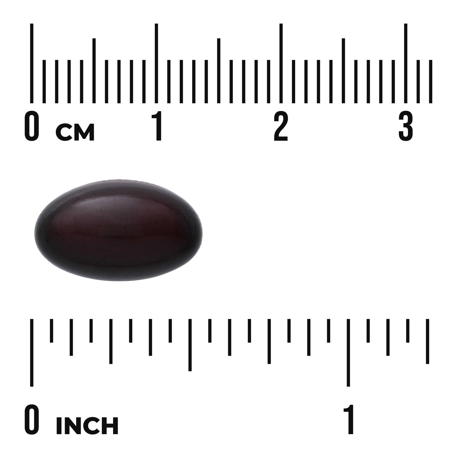 SWU945 | Dark oval softgel shown with CM and INCH rulers for size reference