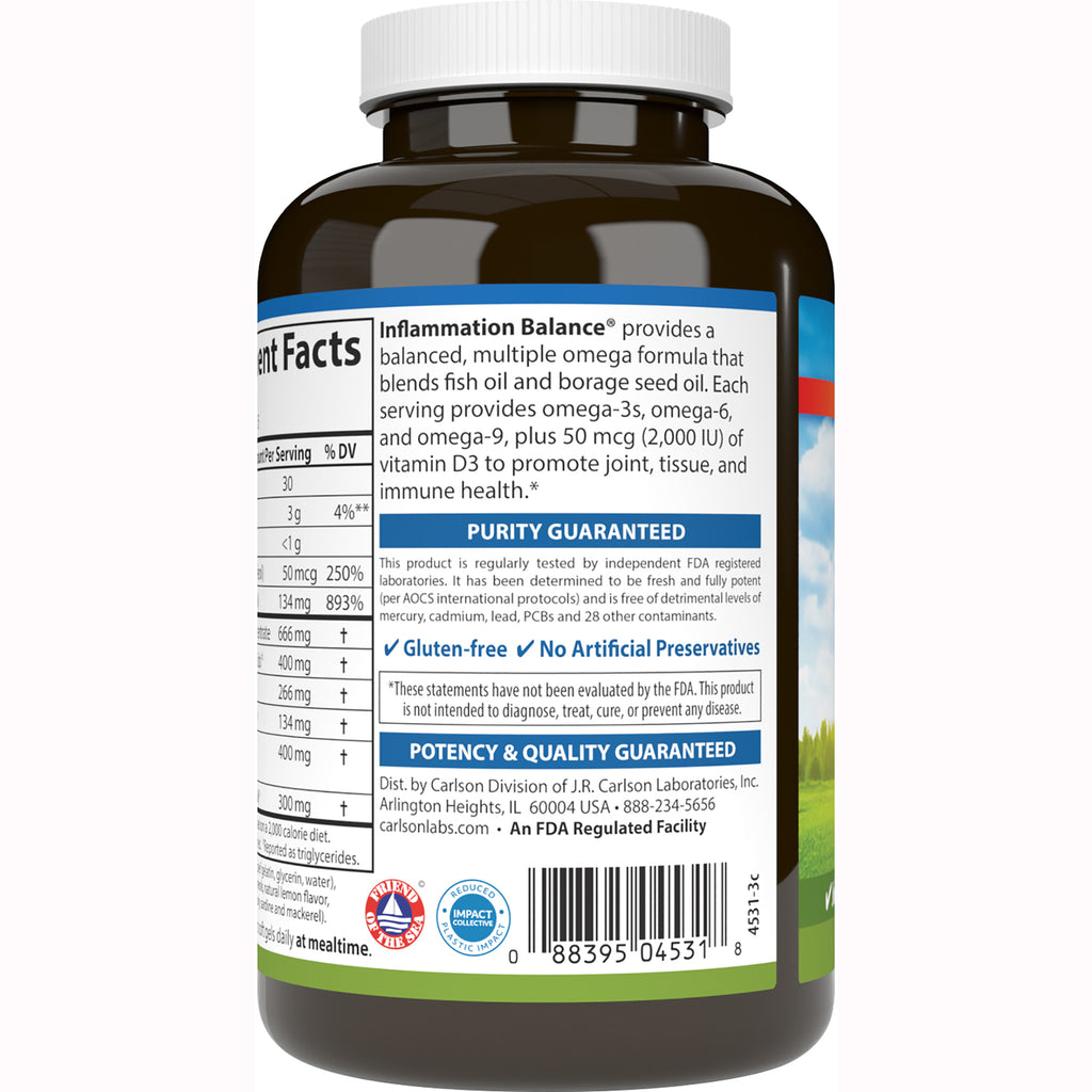 CSN159 | Back label of supplement bottle with supplement facts, Inflammation Balance description, purity guaranteed badge and barcode - Thumbnail