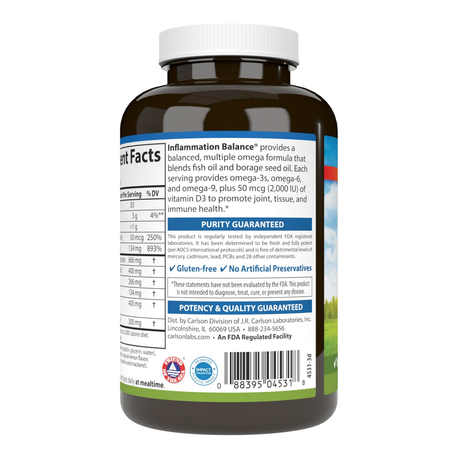 CSN159 | Back label of supplement bottle with supplement facts, Inflammation Balance description, purity guaranteed badge and barcode