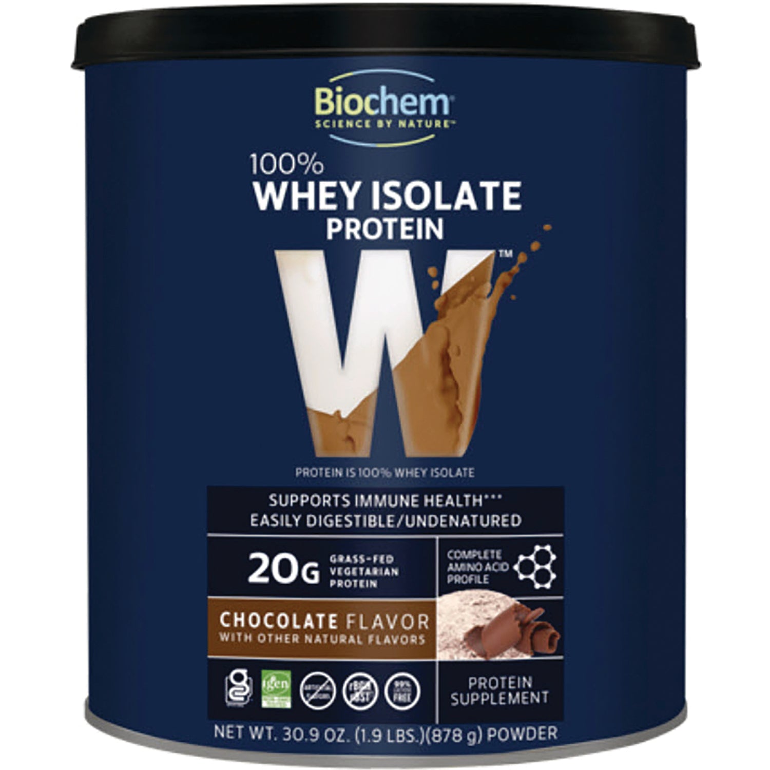 CRL327 | Biochem 100% Whey Isolate protein powder container, chocolate flavor, front label