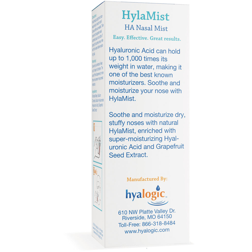 HylaMist HA Nasal Mist back panel showing product description, hyaluronic acid benefits, and Hyalogic contact info - Thumbnail