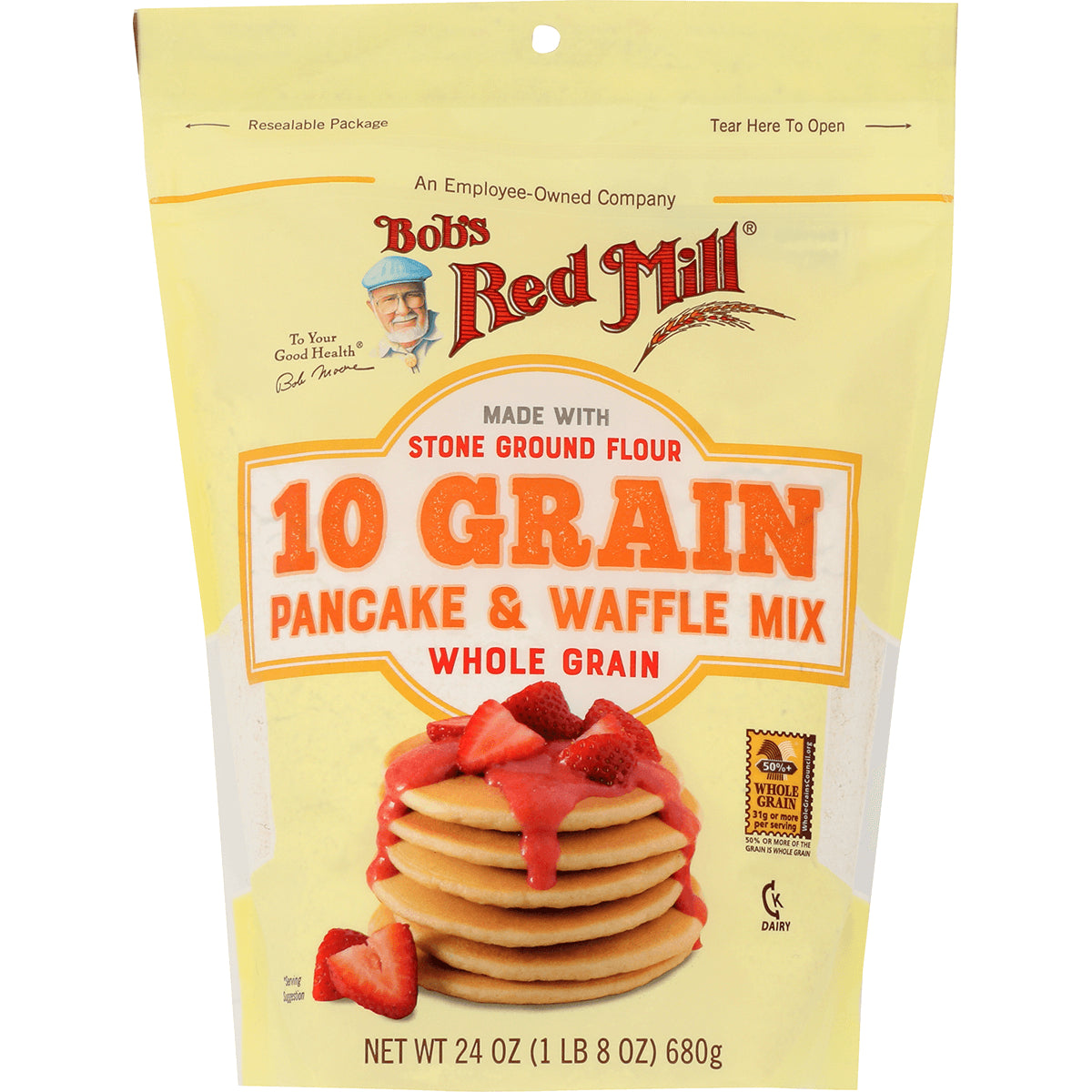 BOB306 | Bob's Red Mill 10 Grain pancake and waffle mix pouch with stack of pancakes and strawberries