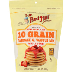 BOB306 | Bob's Red Mill 10 Grain pancake and waffle mix pouch with stack of pancakes and strawberries