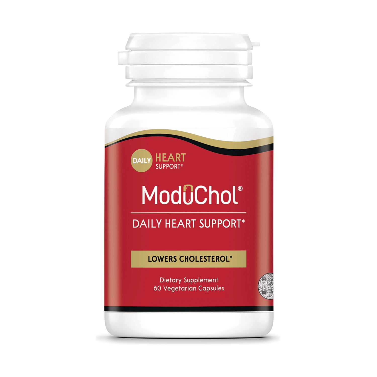 KY084 | ModOChol daily heart support supplement bottle with red label stating LOWERS CHOLESTEROL, 60 vegetarian capsules