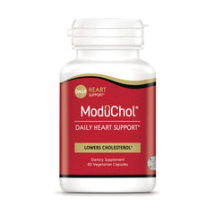 KY084 | ModOChol daily heart support supplement bottle with red label stating LOWERS CHOLESTEROL, 60 vegetarian capsules