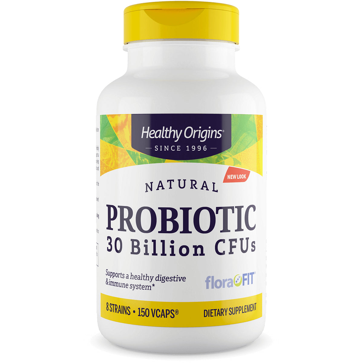 HRG041 | Healthy Origins Natural Probiotic 30 Billion CFUs white bottle with yellow cap, 150 VCAPS dietary supplement