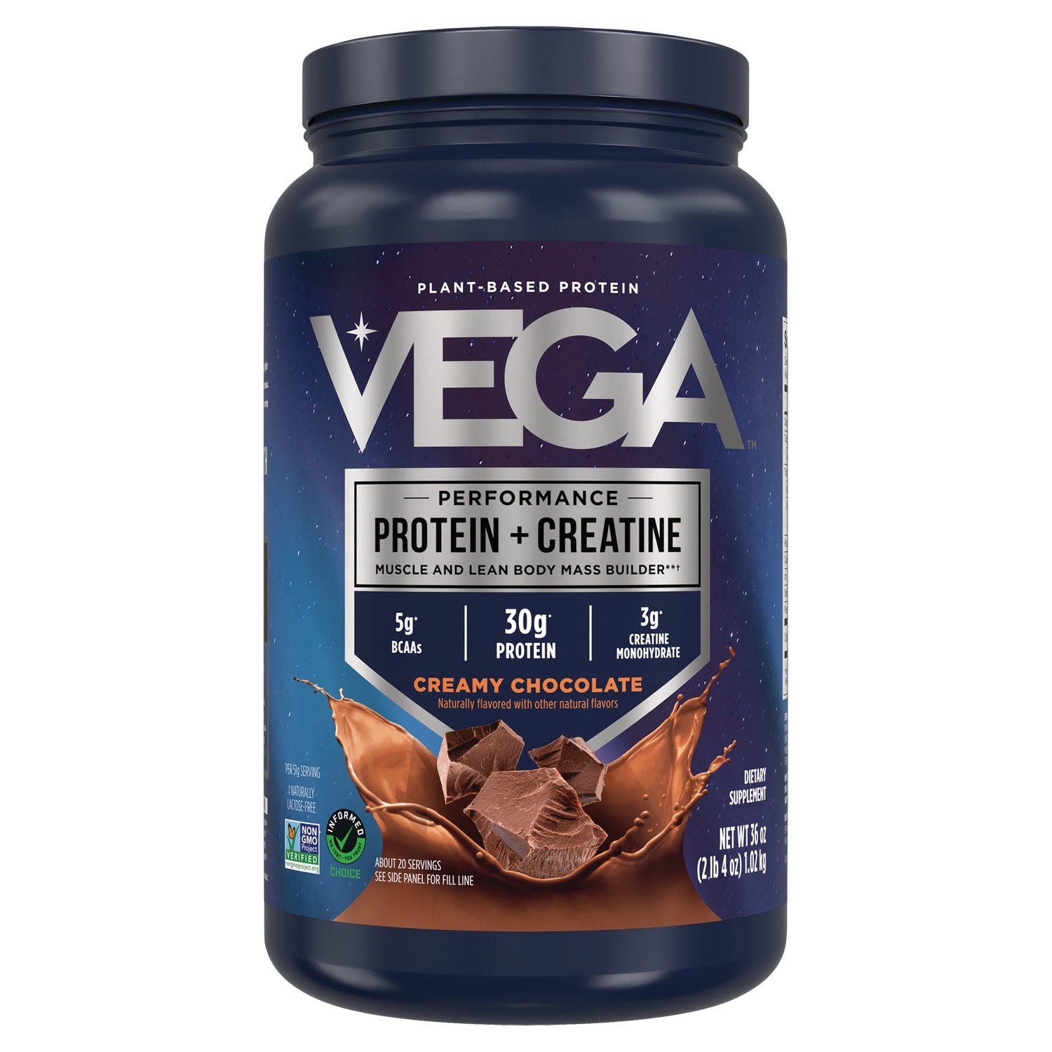 VGA010 | Vega Performance Protein + Creatine powder, Creamy Chocolate, 30g protein, 5g BCAAs, 3g creatine, front of tub