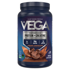 VGA010 | Vega Performance Protein + Creatine powder, Creamy Chocolate, 30g protein, 5g BCAAs, 3g creatine, front of tub