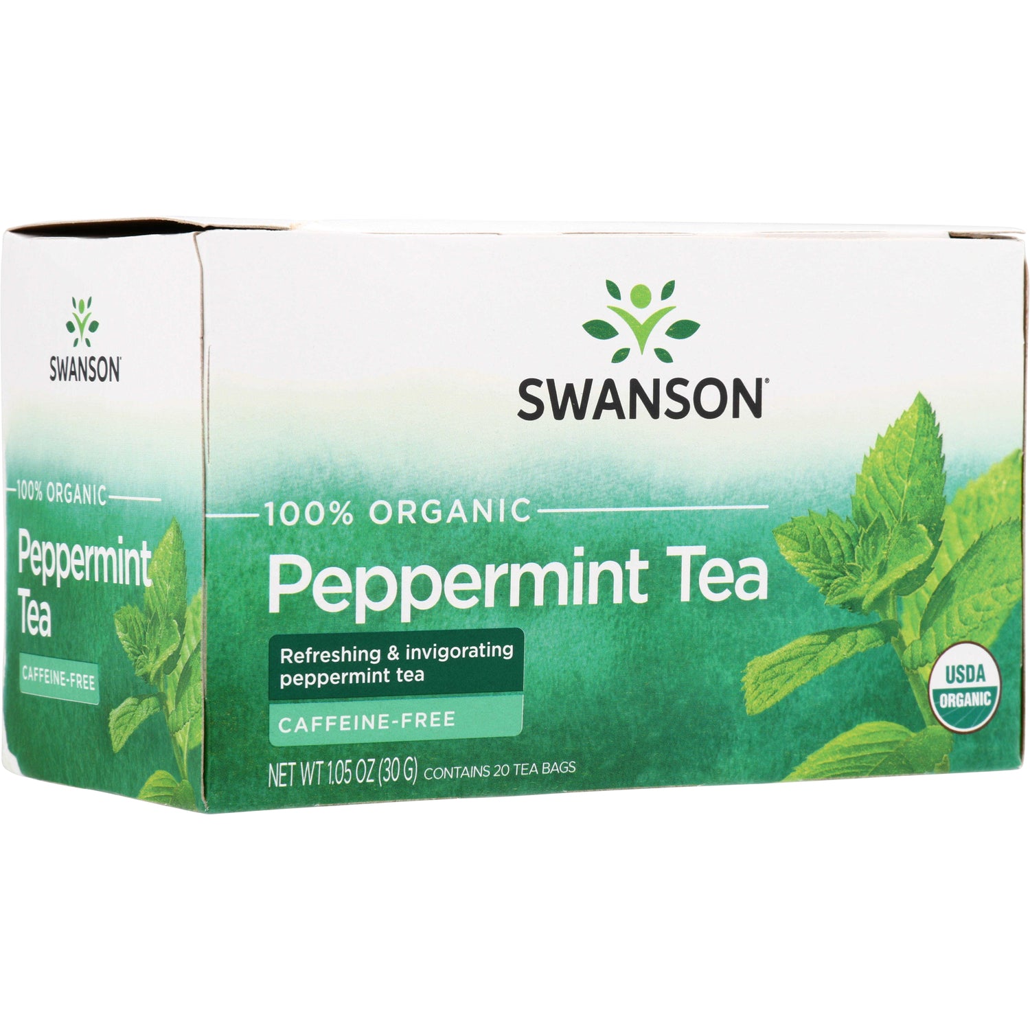 SWF081 | Swanson 100% Organic Peppermint Tea, caffeine-free, box of 20 tea bags, 1.05 oz (30 g), USDA Organic