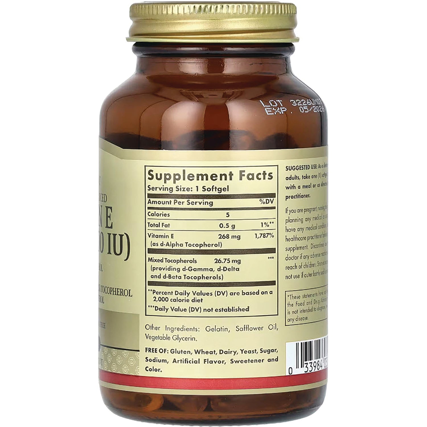 SLG251 | Back of brown supplement bottle showing Supplement Facts label with Serving Size 1 Softgel and ingredient list
