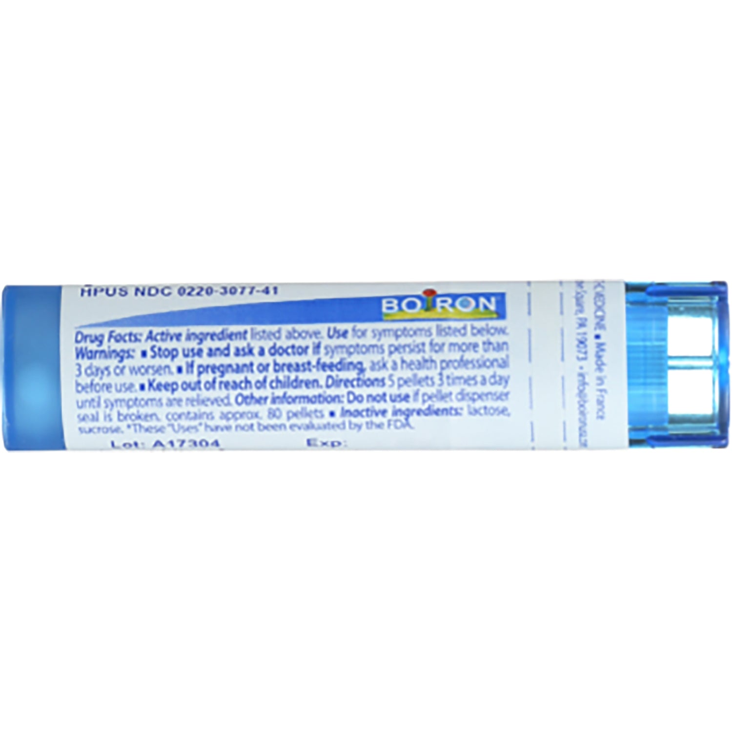BRN063 | back label of Boiron pellet tube showing drug facts text, Boiron logo and blue cap