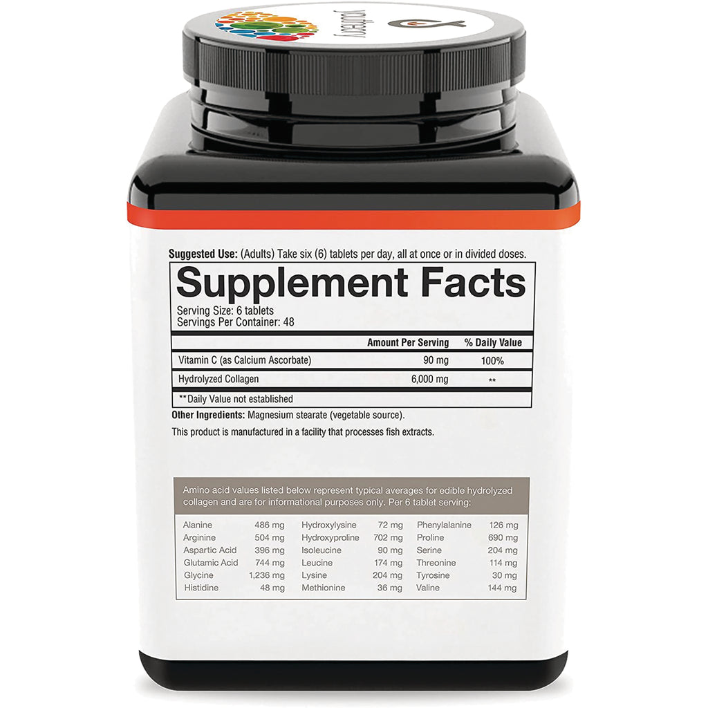 YOU001 | Supplement Facts panel showing serving size 6 tablets; Vitamin C 90 mg; Hydrolyzed Collagen 6,000 mg - Thumbnail