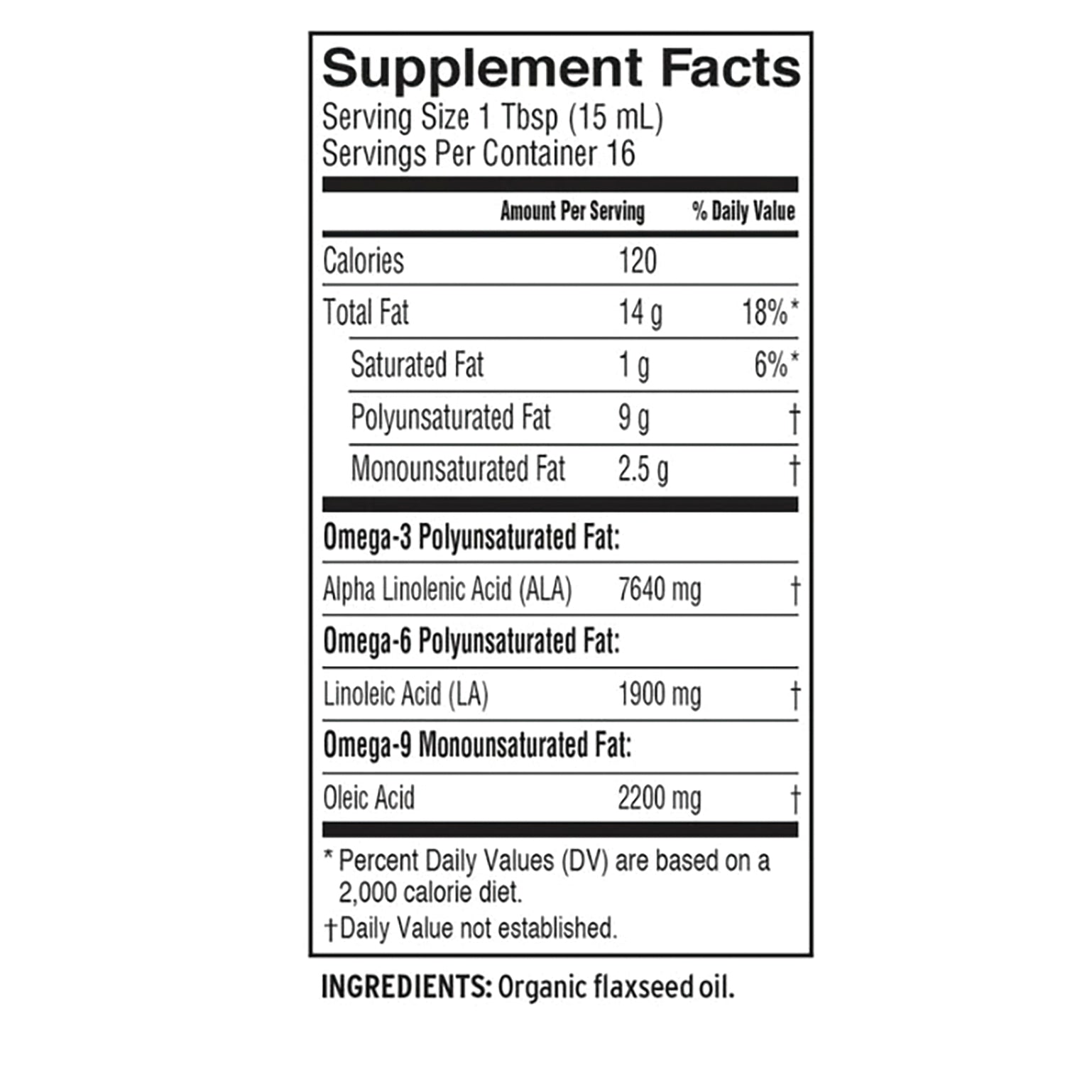 BAR085 | Supplement Facts panel listing serving size 1 Tbsp, 120 calories, fat breakdown and omega fatty acids; ingredients organic flaxseed oil