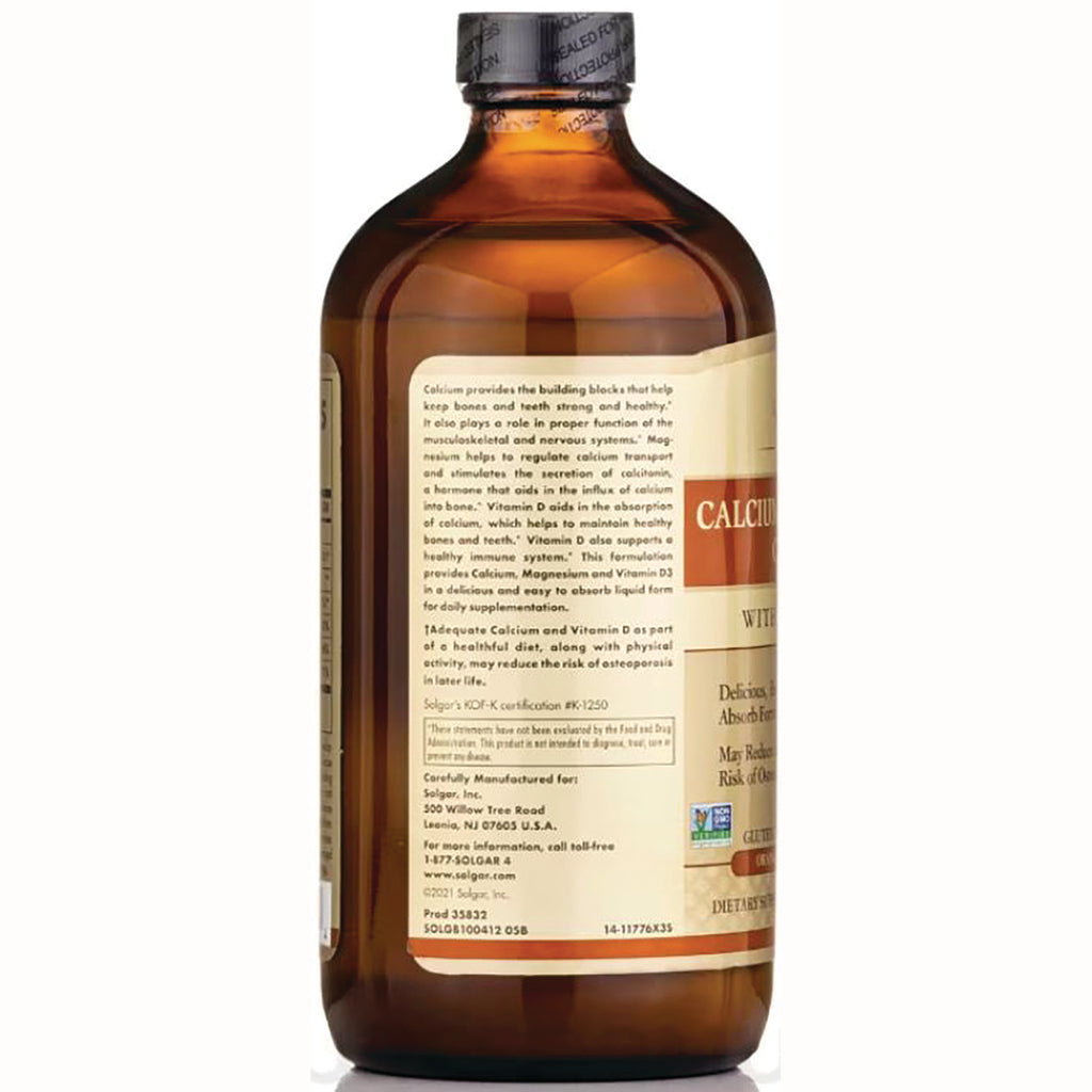Back label of amber supplement bottle showing calcium product information, ingredients and manufacturer text - Thumbnail