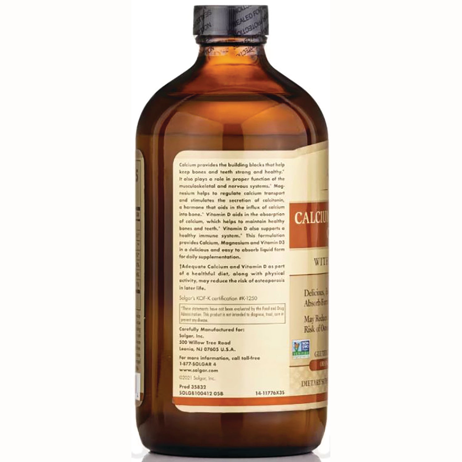 Back label of amber supplement bottle showing calcium product information, ingredients and manufacturer text