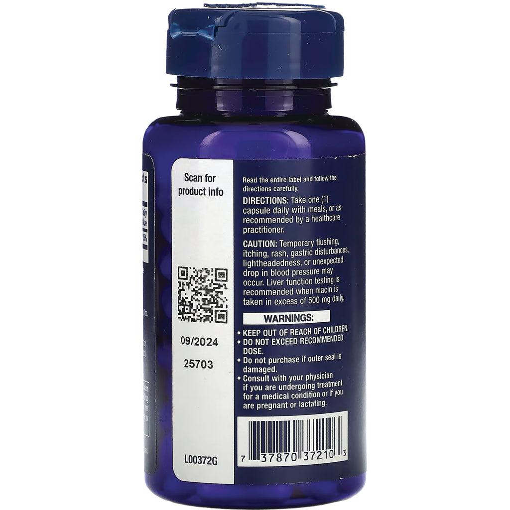 LE361 | Back of blue supplement bottle showing directions, warnings, QR code, barcode, and expiration 09/2024 - Thumbnail