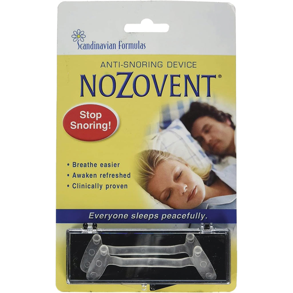 SCD003 | NOZOVENT anti-snoring device retail blister pack showing clear nasal dilator and sleeping couple - Thumbnail