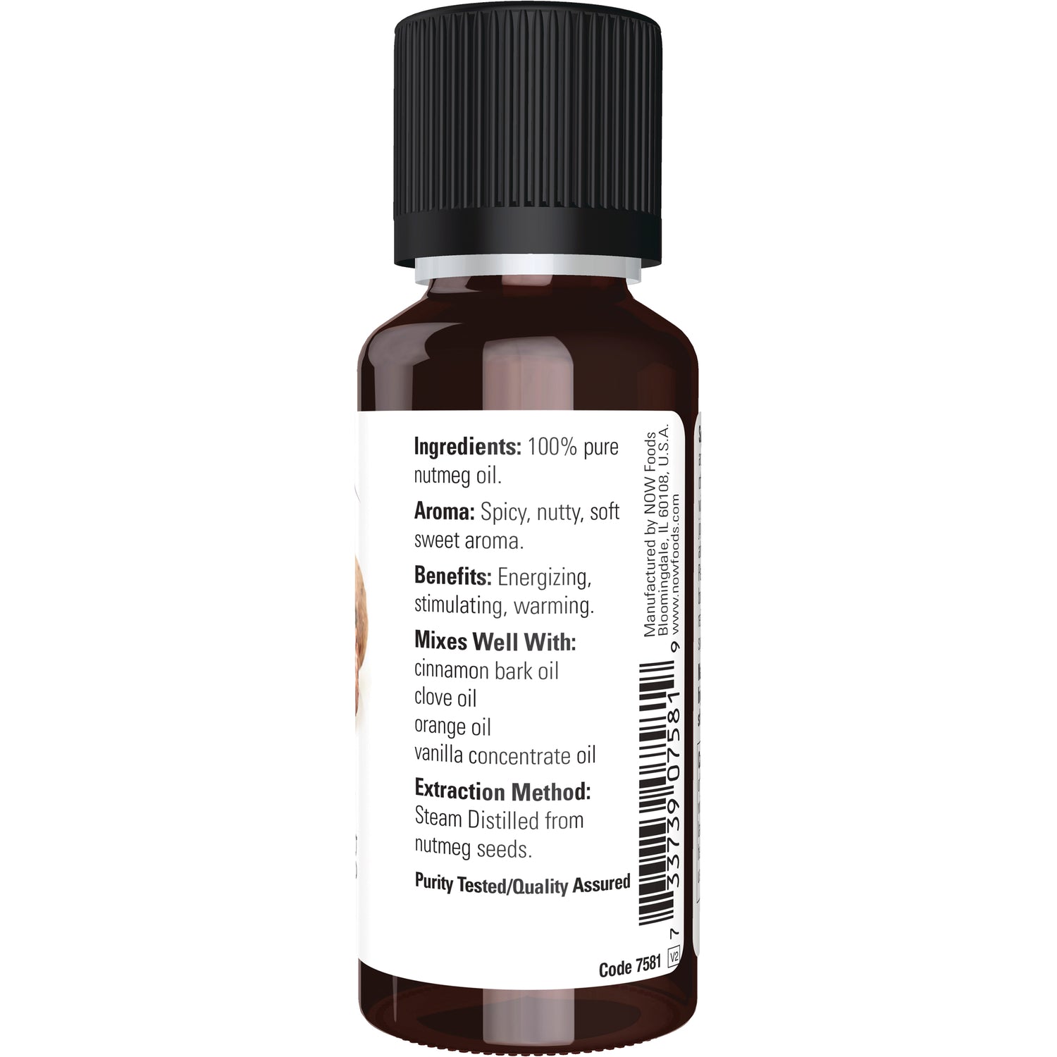 NWF623 | Back label of nutmeg essential oil bottle showing ingredients, aroma, benefits, mixing suggestions and barcode