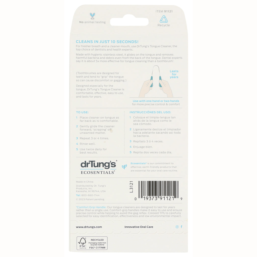 DT002 | Back of drTung's Ecosentials tongue cleaner packaging showing usage instructions, barcode, and recycle icon - Thumbnail