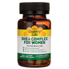 CRL564 | Amber bottle labeled Country Life DHEA COMPLEX FOR WOMEN, certified gluten-free, 60 vegan capsules