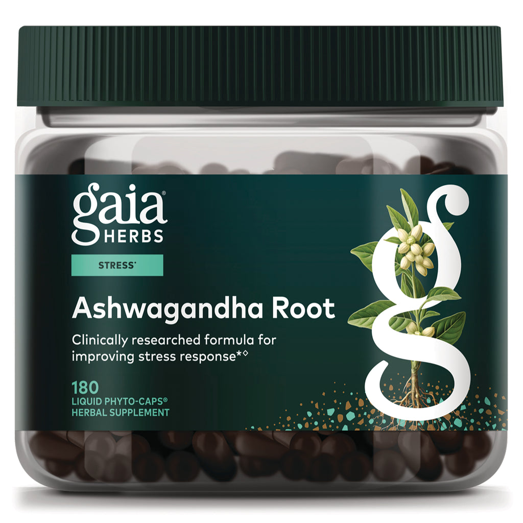 GH172 | Gaia Herbs Ashwagandha Root supplement jar front label showing 180 liquid phyto-caps - Thumbnail