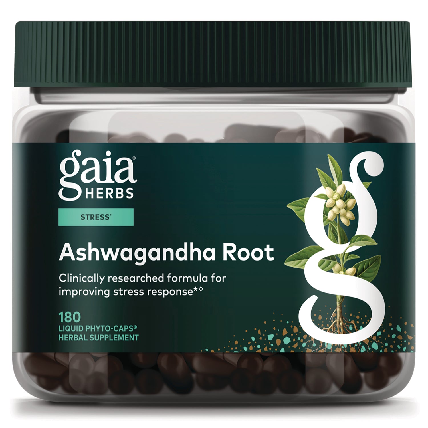 GH172 | Gaia Herbs Ashwagandha Root supplement jar front label showing 180 liquid phyto-caps