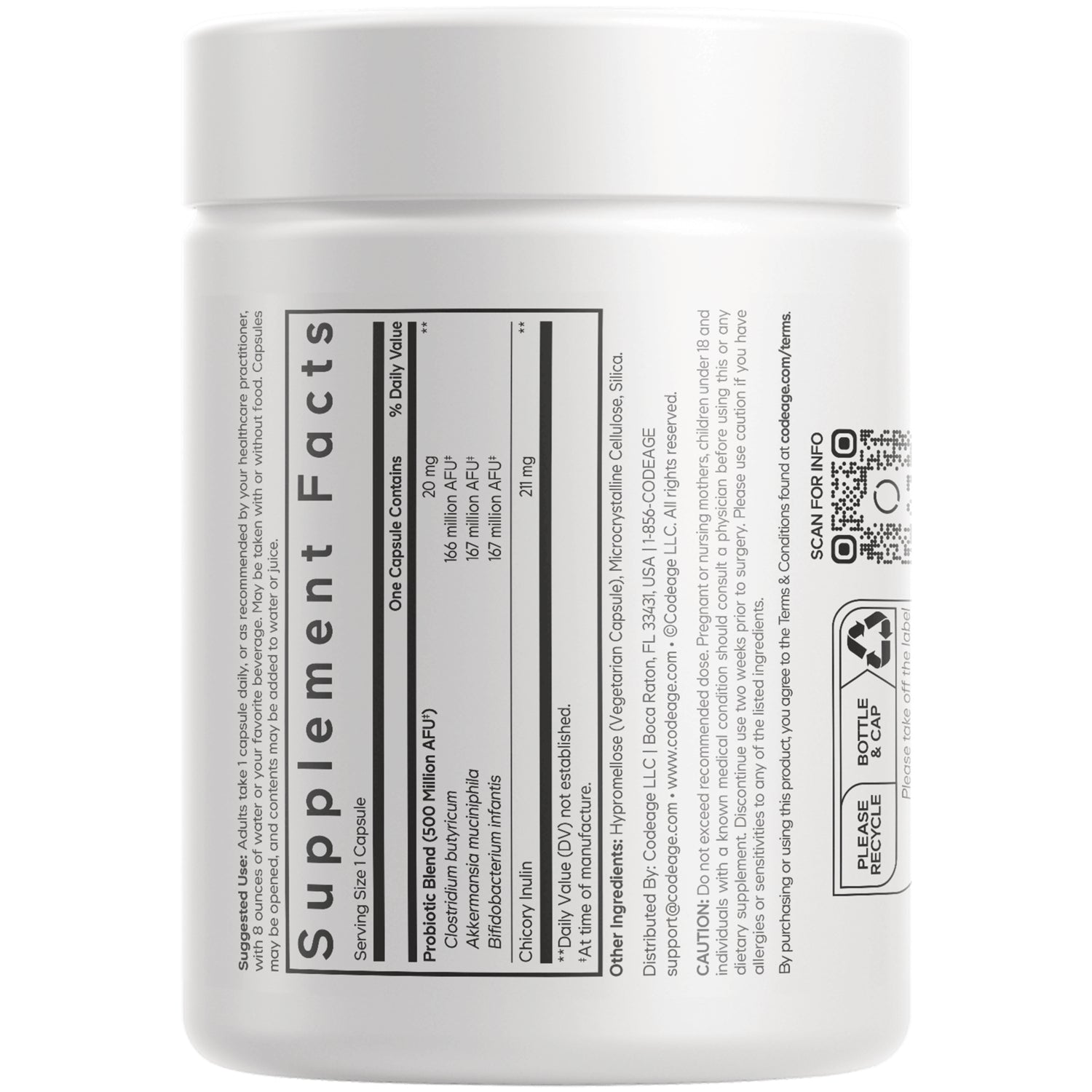 CDG017 | Back of white supplement bottle showing Supplement Facts panel, ingredient text and QR code
