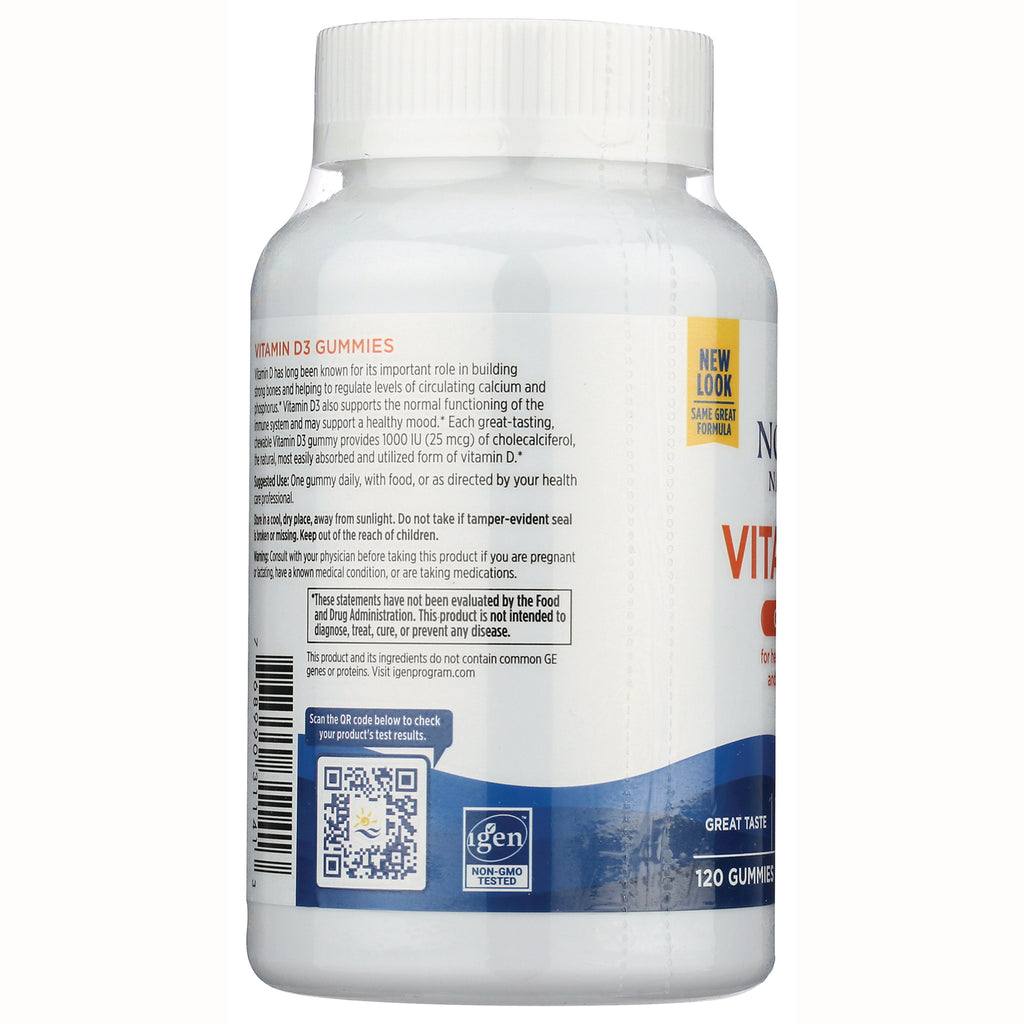 NRN116 | back of white bottle labeled VITAMIN D3 GUMMIES showing ingredients panel, QR code and barcode - Thumbnail