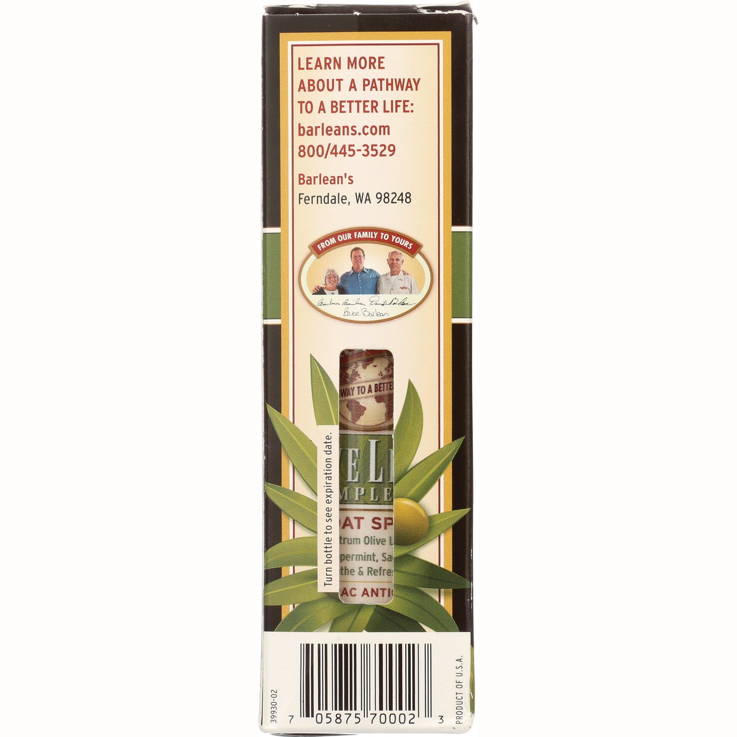 BAR058 | Side panel of Barlean's box showing contact info barleans.com 800/445-3529, windowed bottle and barcode